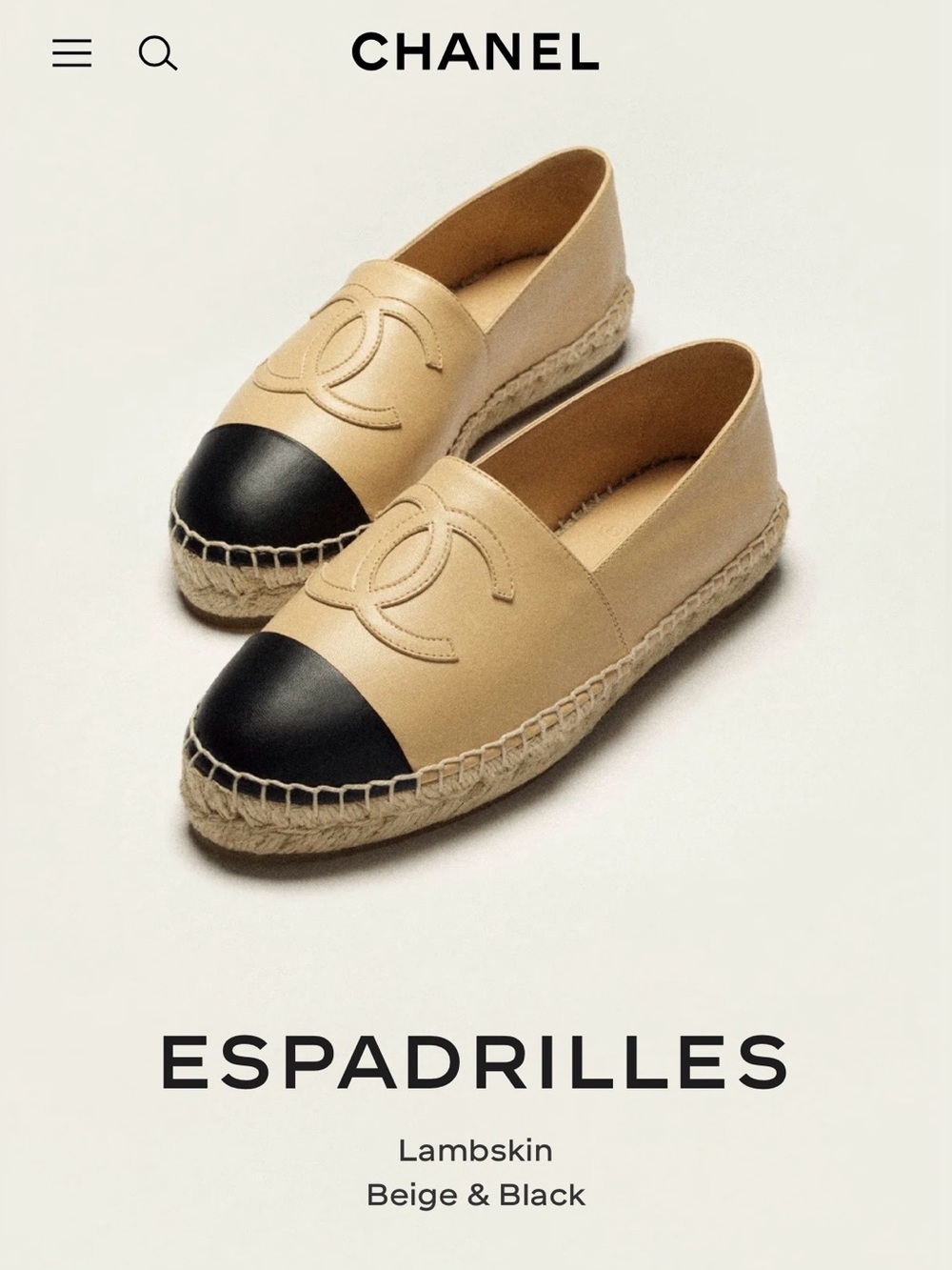 NWT Chanel - Espadrilles, beige & black lambskin, size 37 (US7).